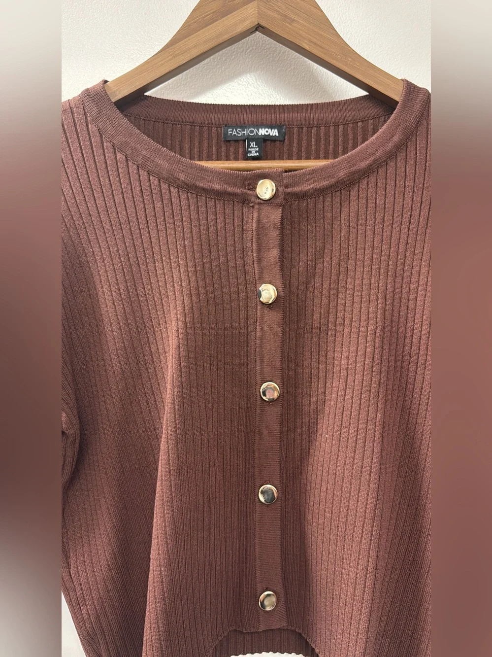 Fashion Nova Brown Ribbed Button-Front Long Sleeve Crop Top/Cardigan